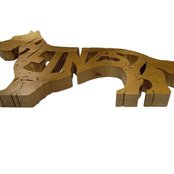 Heinz 57 Dog Wooden Scroll Jigsaw Puzzle Figurine Art Wood USA Signed By Maker - Picture 6 of 6